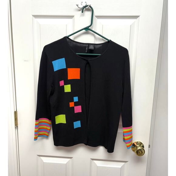 MTWT 9-5 Sweater, Black Rayon Blend Cardigan, Blocks of Color, Women's Size S - Picture 1 of 5